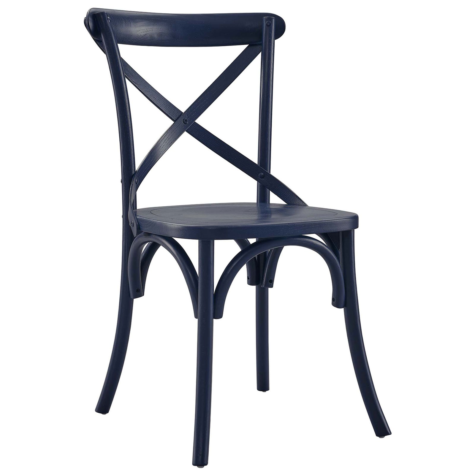 Midnight blue wood dining chair with X-brace back and arched base stretchers for a modern farmhouse look || EEI-5564-MID || front_angle_studio