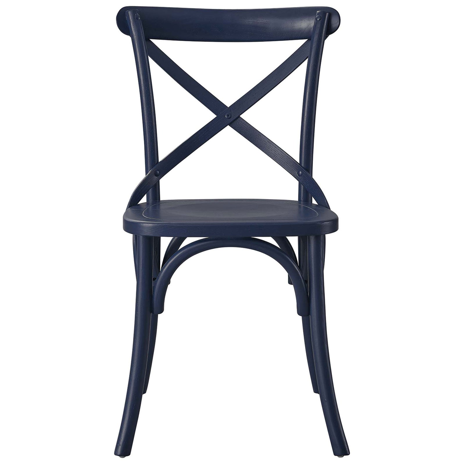 Midnight blue farmhouse dining chair with curved legs and X-back design, crafted from smooth elm wood || EEI-5564-MID || front_studio