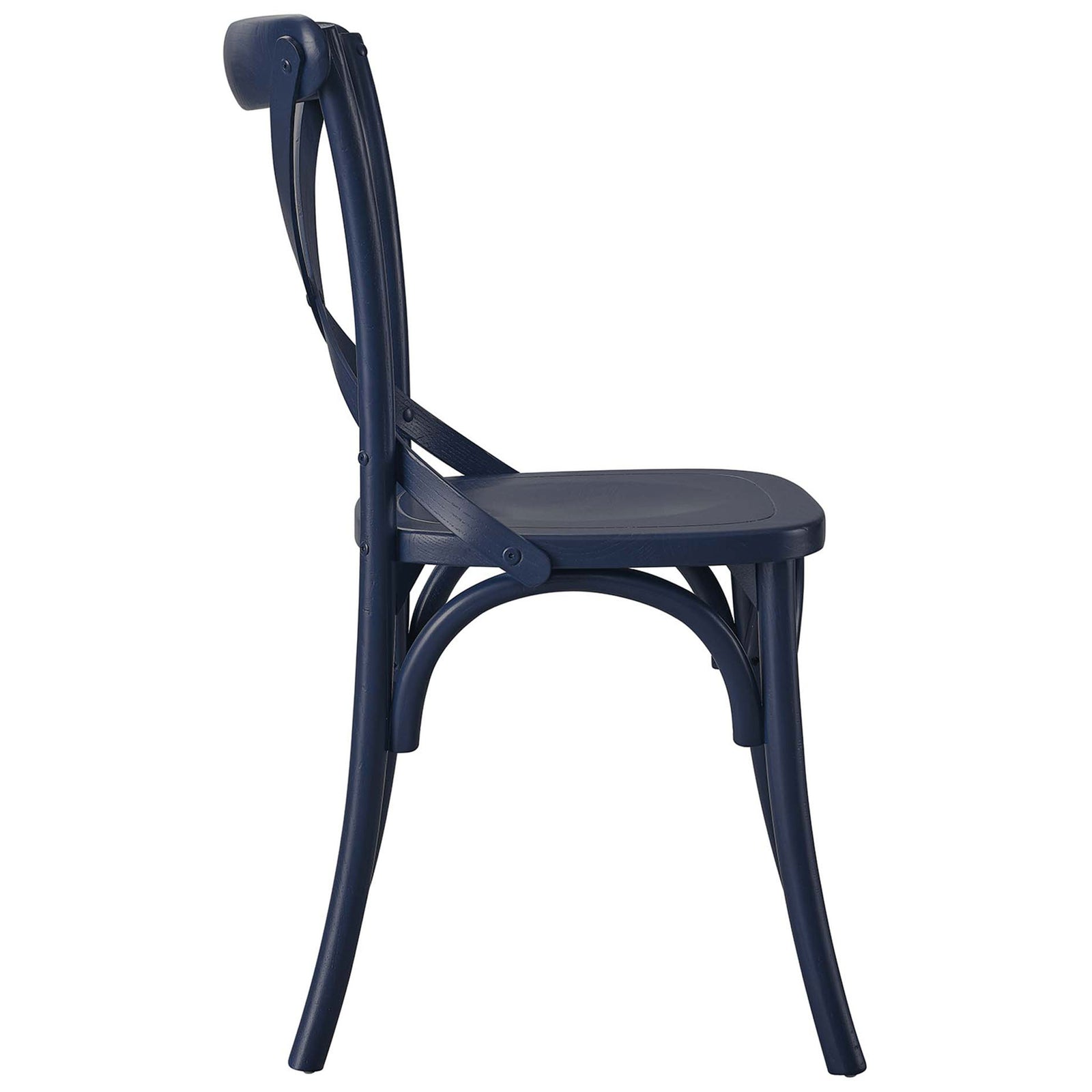Side view of the midnight blue dining chair showing the contoured seat and sturdy splayed legs || EEI-5564-MID || side_studio