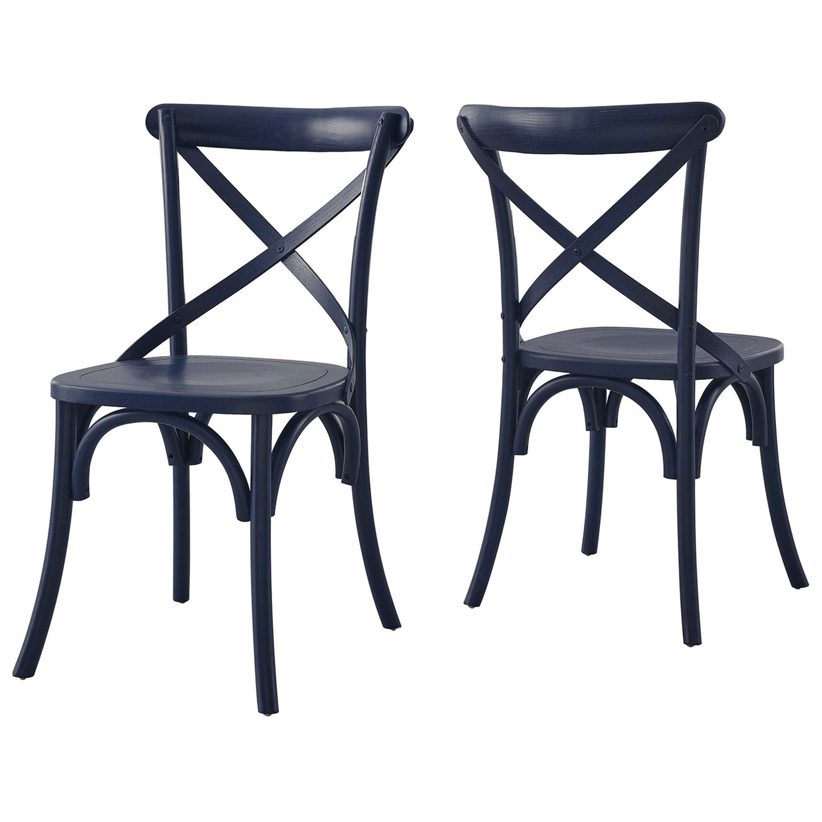 Pair of midnight blue X-back dining chairs highlighting the sculpted seats and graceful curved legs || EEI-5564-MID || front_angle_studio