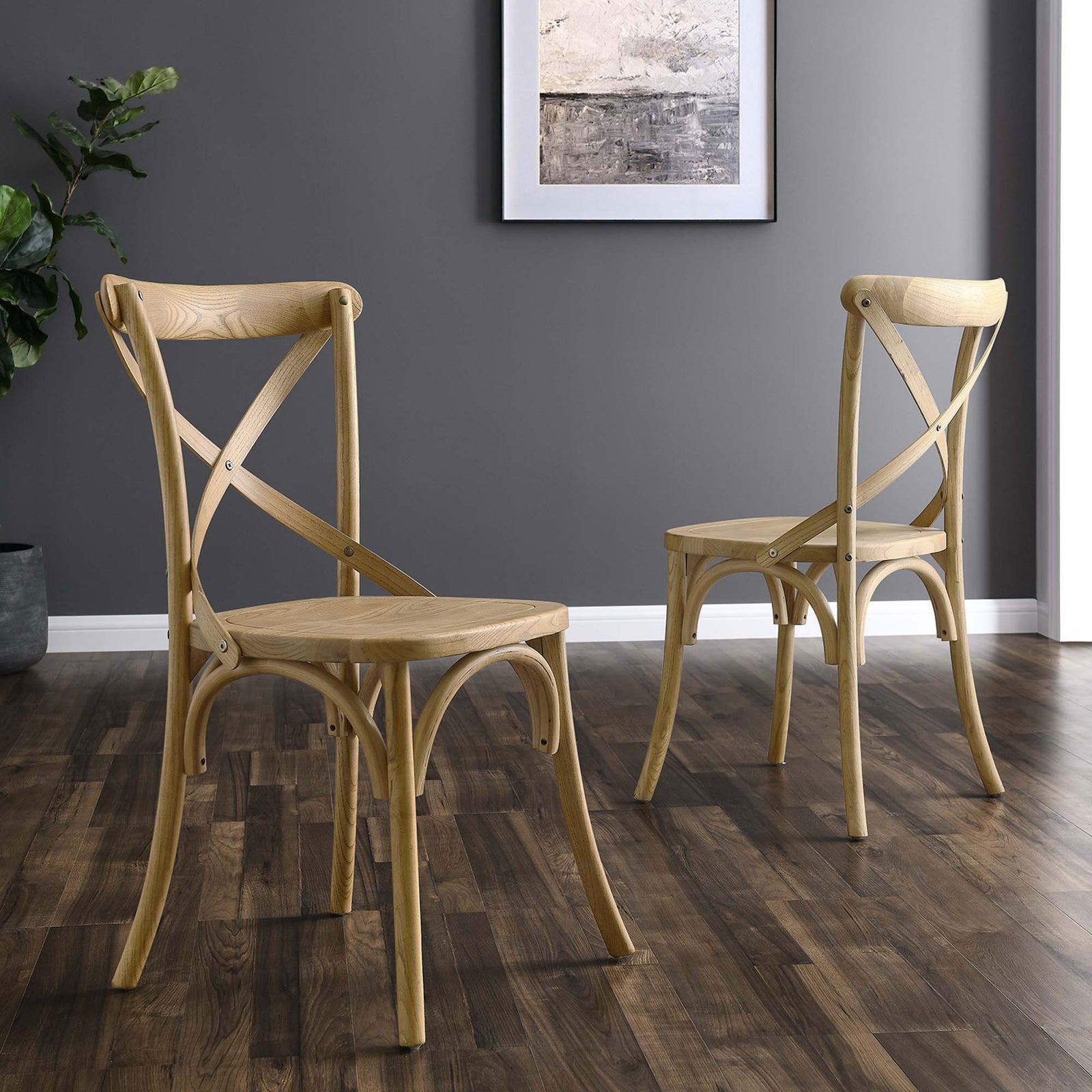 Pair of natural wood cross-back chairs arranged in a contemporary dining space || EEI-5564-NAT || front_angle_room