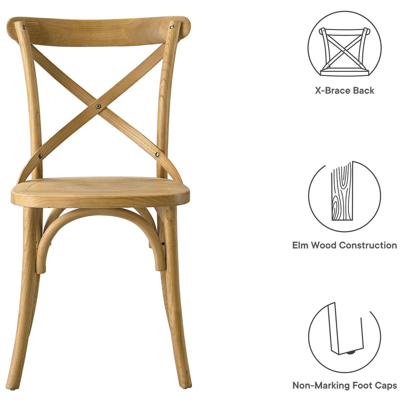 Front view of natural wood dining chair with icons for X-brace back and non-marking foot caps || EEI-5564-NAT || callout_studio