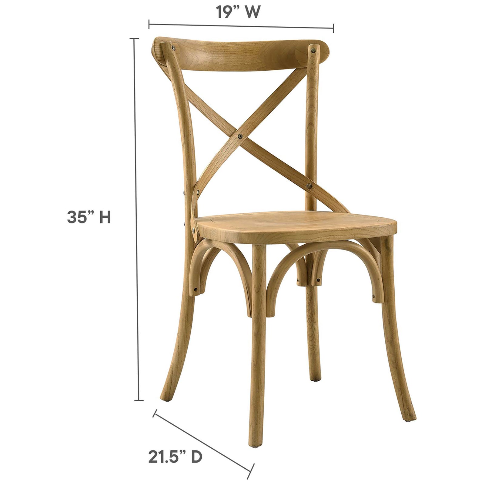 Natural wood dining chair with labeled width, height, and depth measurements || EEI-5564-NAT || dimension_studio