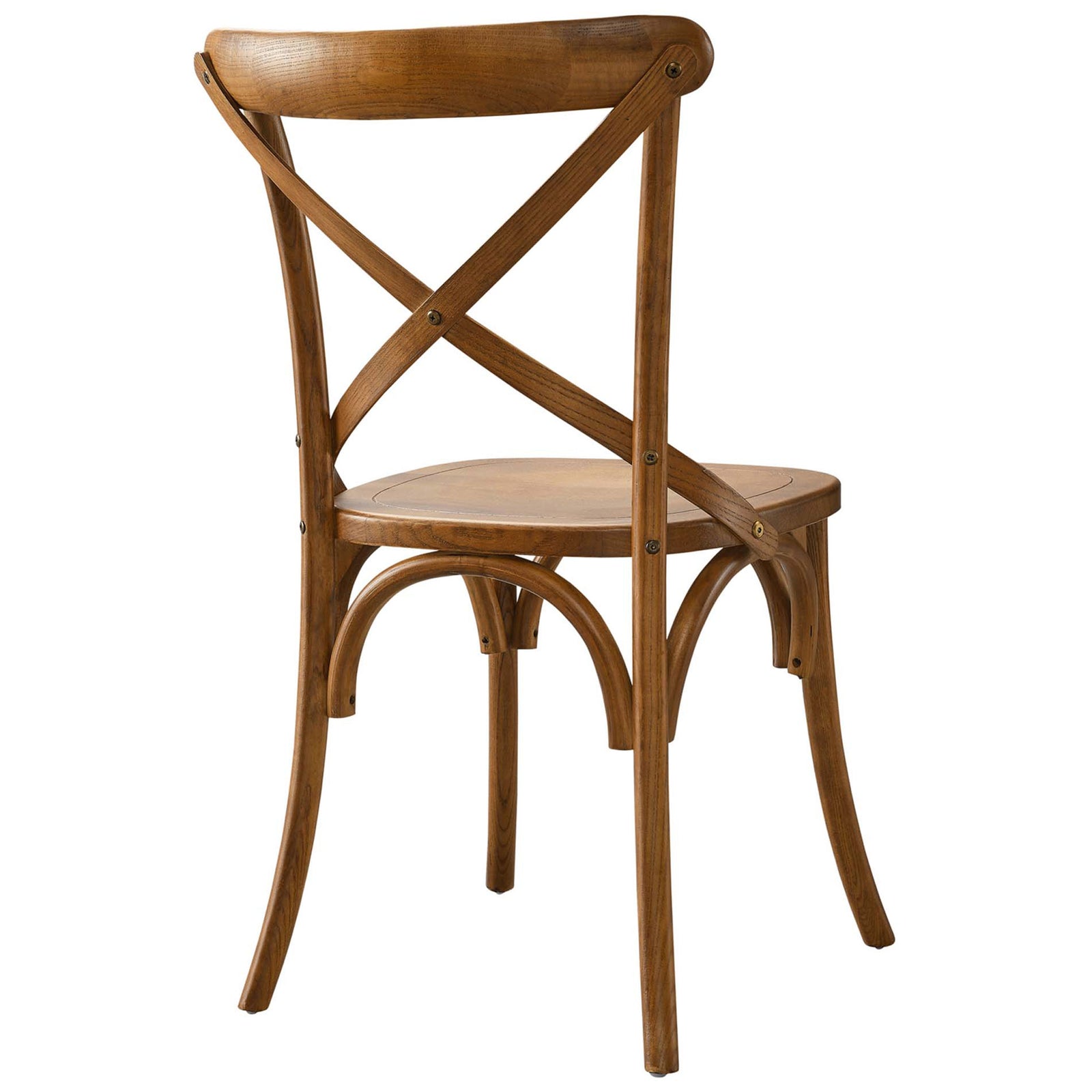 Walnut dining chair showcasing curved backrest, X-brace detail, and smooth wood grain || EEI-5564-WAL || back_angle_studio