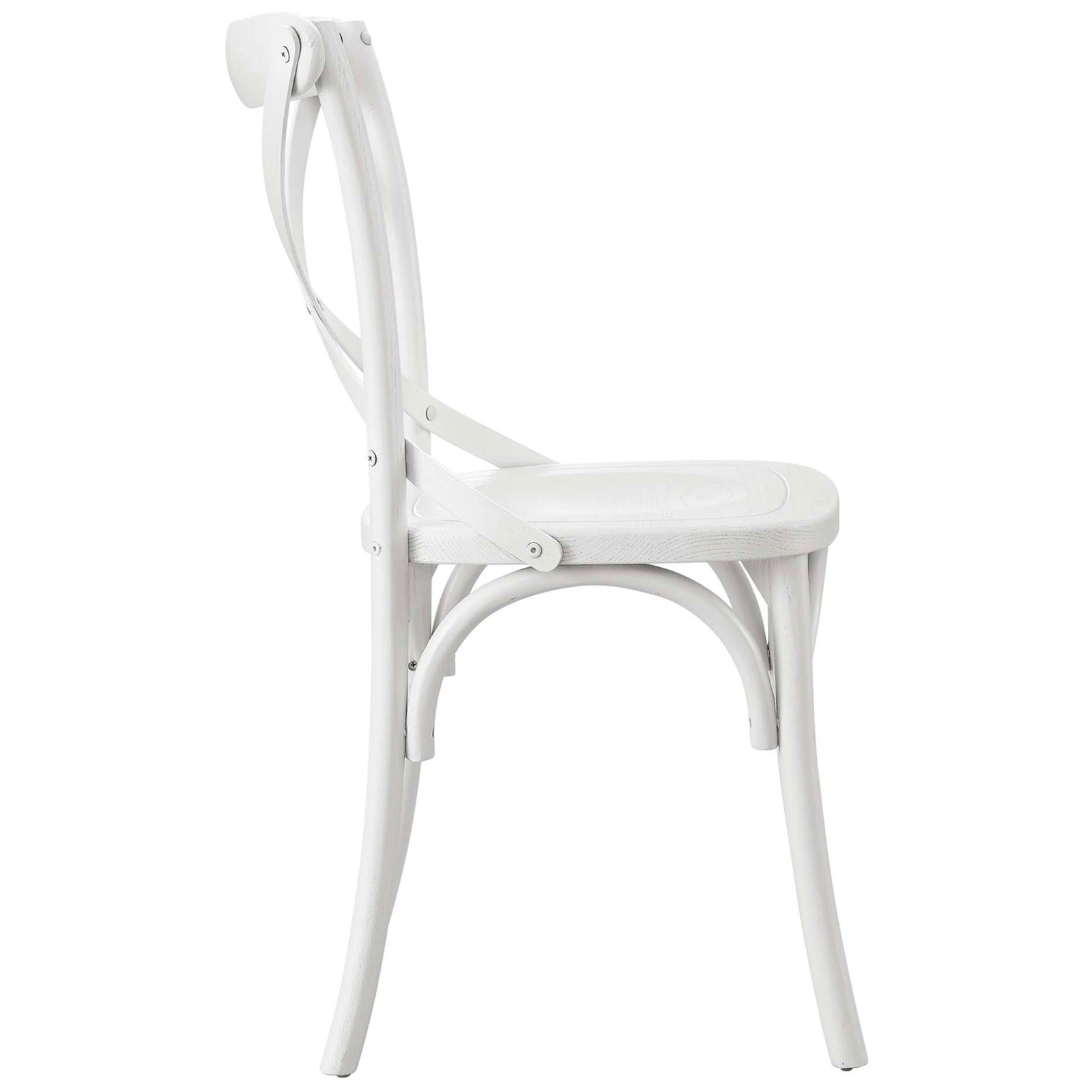 White dining chair with slim profile, arched seat supports, and splayed legs || EEI-5564-WHI || side_studio