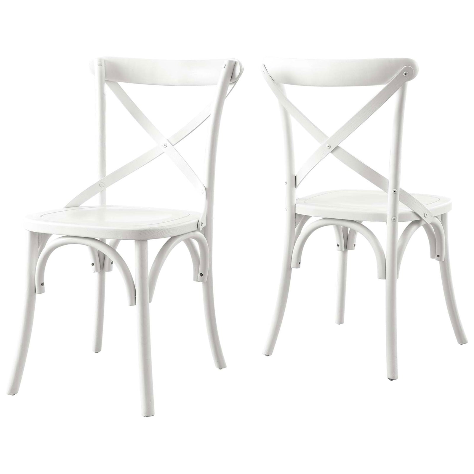 Pair of white cross-back dining chairs with gracefully curved frames || EEI-5564-WHI || back_angle_studio