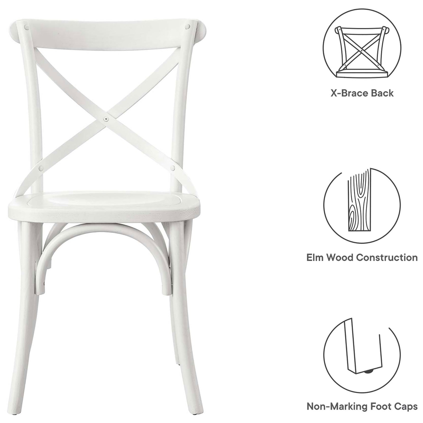 White cross-back dining chair with illustrated icons highlighting key features || EEI-5564-WHI || callout_studio