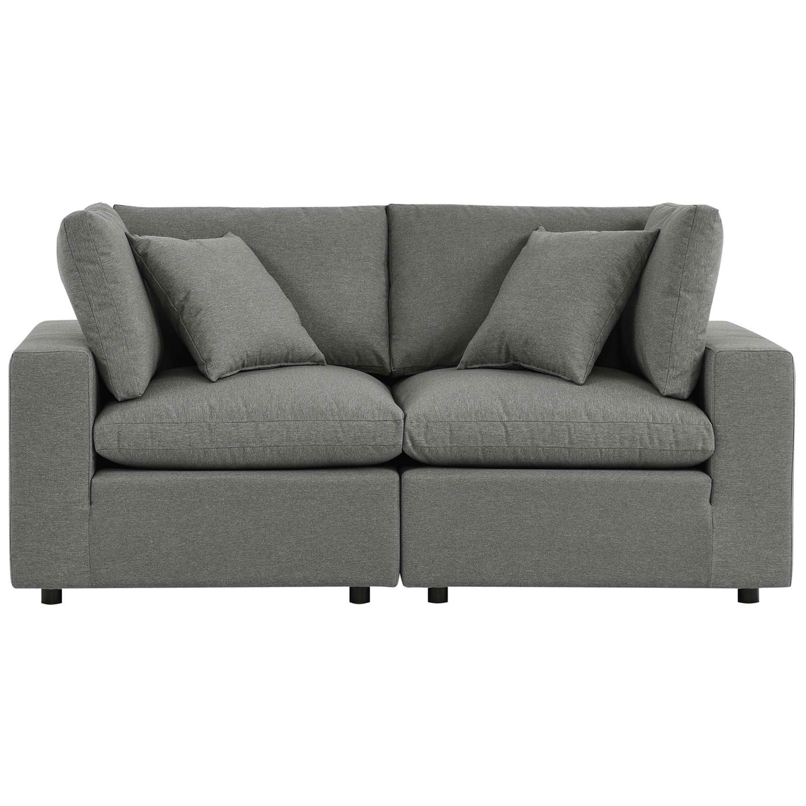 Charcoal outdoor loveseat with overstuffed back cushions and deep, plush seating for two || EEI-5576-CHA || front_studio