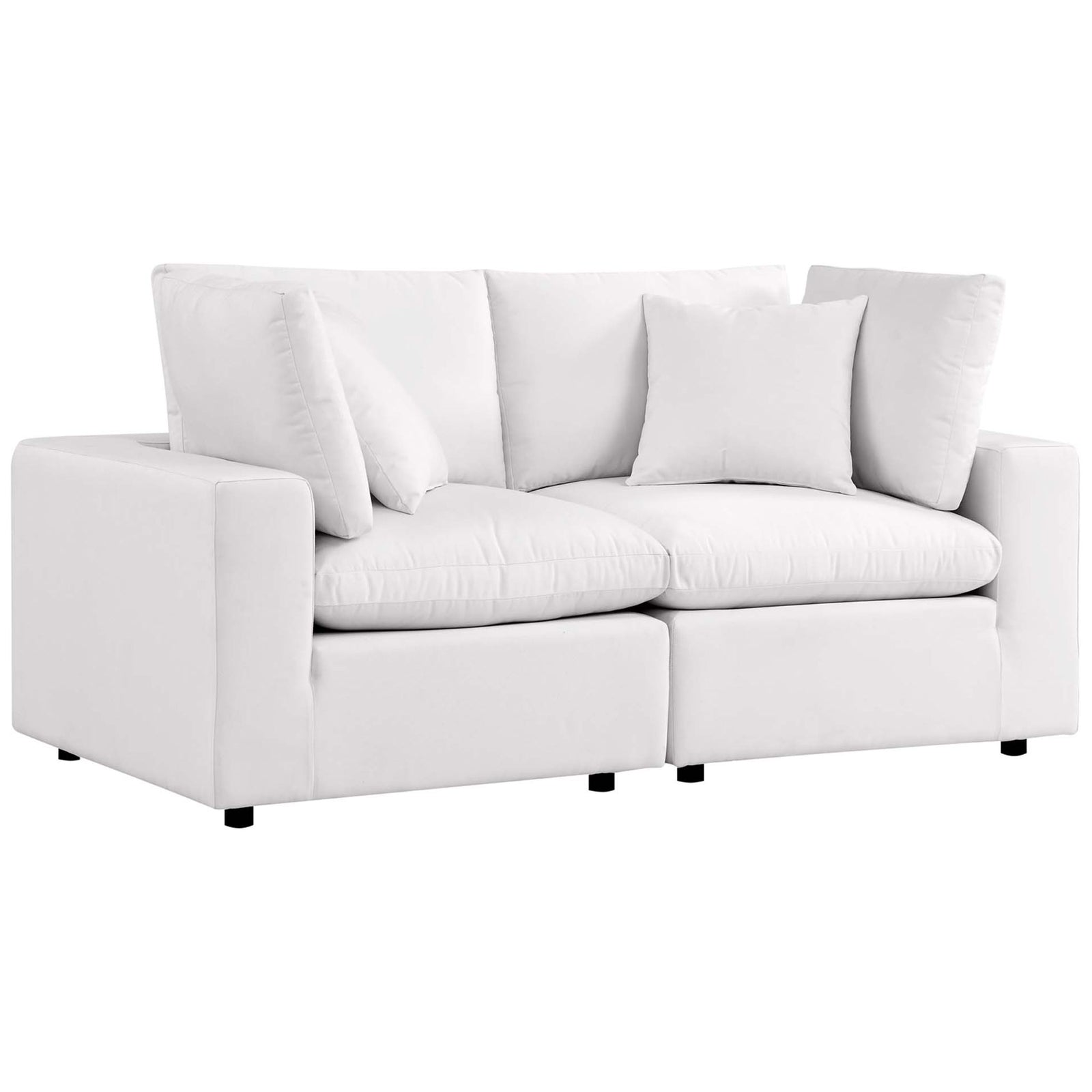 White patio loveseat with clean track arms and plush, inviting cushions for relaxing outdoors || EEI-5576-WHI || front_angle_studio