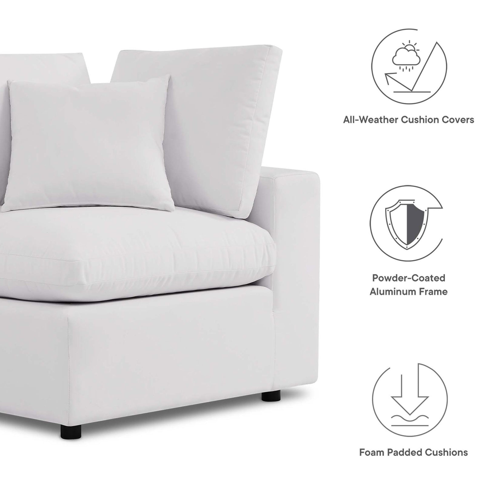 White outdoor corner chair with icons for all-weather cushion covers, foam padding, and metal frame || EEI-5576-WHI || callout_studio