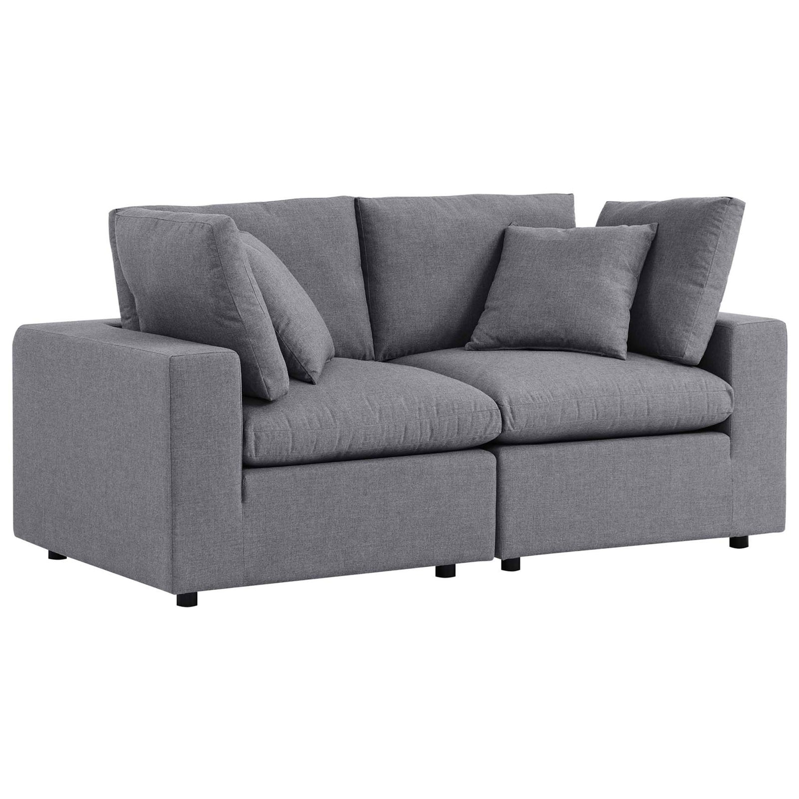 Gray patio loveseat with boxy arms and cozy Sunbrella cushions for relaxed outdoor lounging || EEI-5577-SLA || front_angle_studio