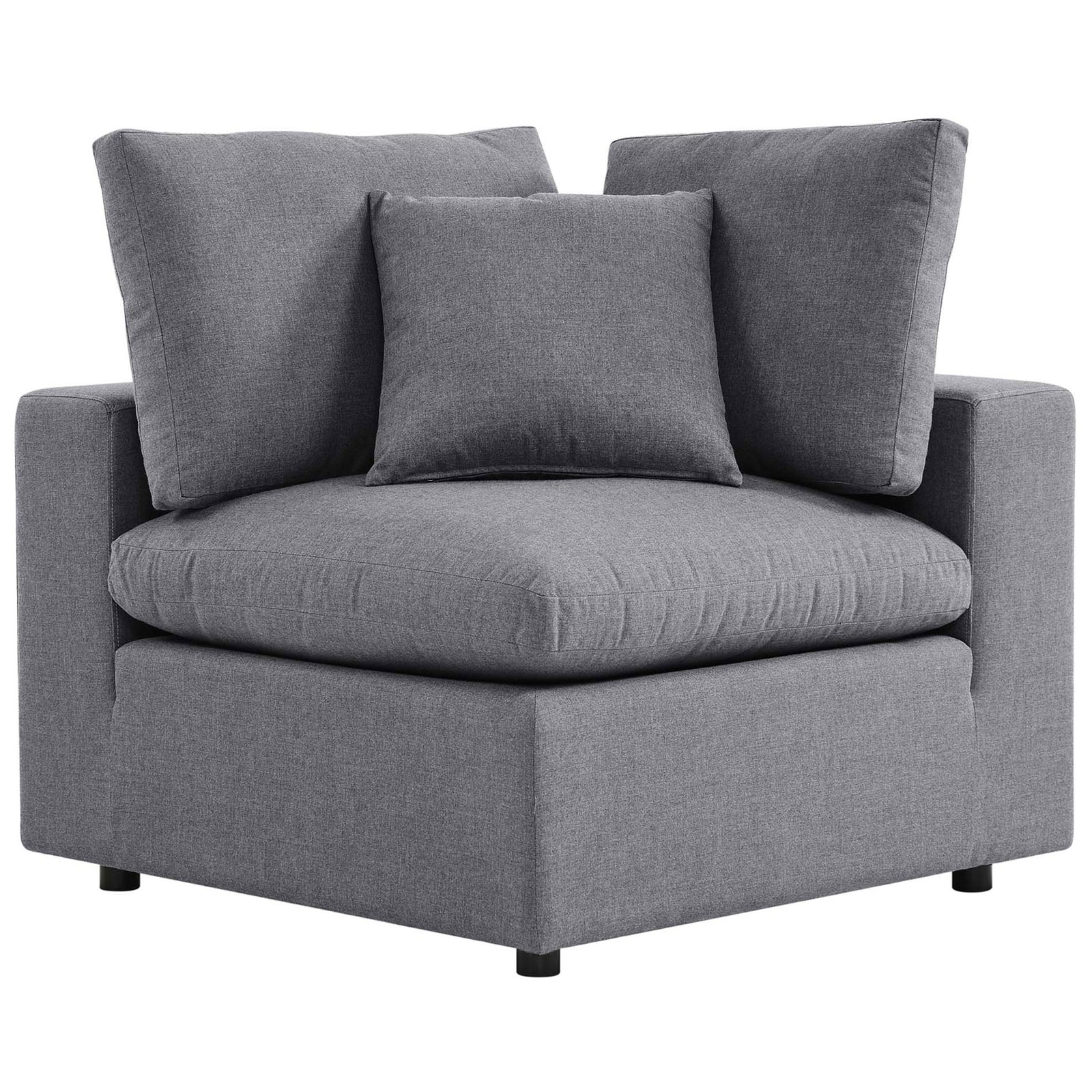 Gray modular corner chair with overstuffed cushions, part of the versatile Commix Sunbrella collection || EEI-5577-SLA || front_partial_studio