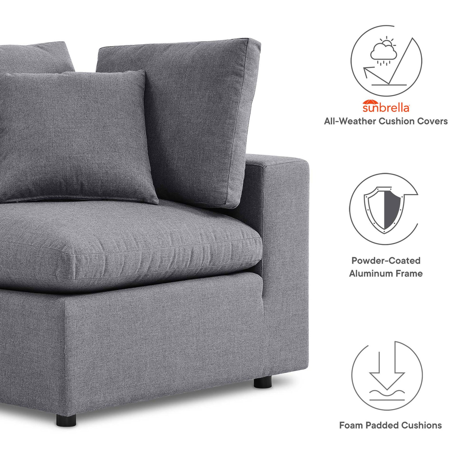 Gray corner chair beside icons calling out Sunbrella covers, foam cushions, and powder-coated frame || EEI-5577-SLA || callout_studio