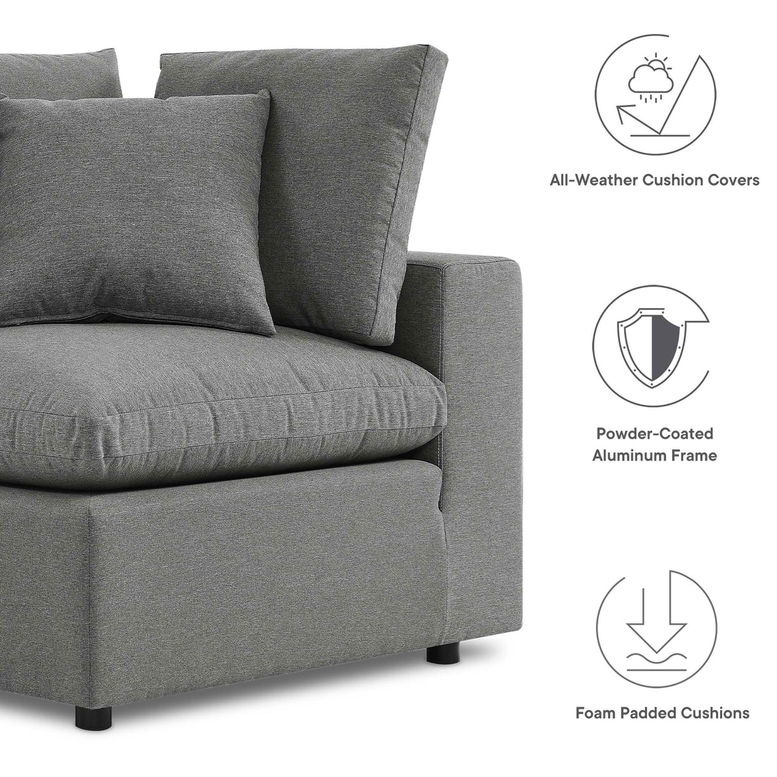 Feature icons highlight this charcoal outdoor sofa's all-weather covers, powder-coated frame, and foam cushions || EEI-5578-CHA || callout_studio