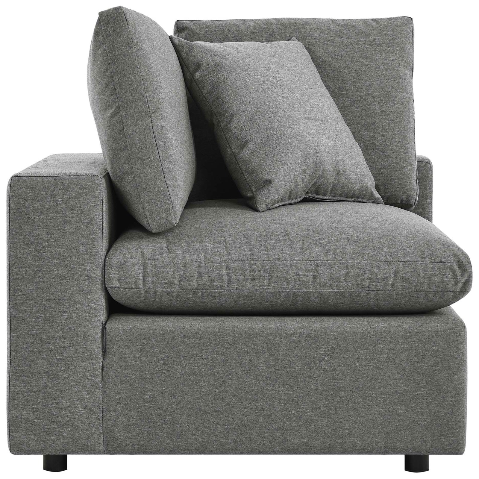 Charcoal corner chair module showing plush layered cushions and smooth upholstery along the arm || EEI-5578-CHA || side_partial_studio