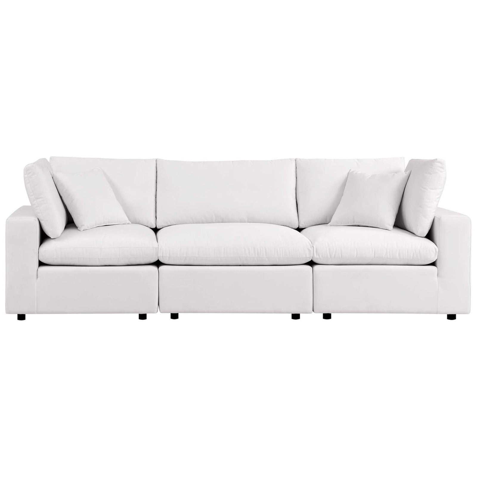White outdoor modular sofa with three generous seat cushions, plush back pillows, and low black feet || EEI-5578-WHI || front_studio