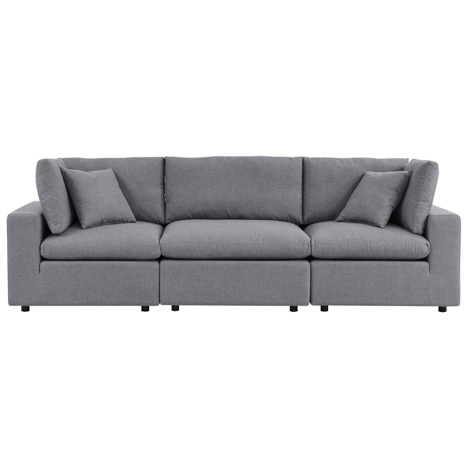 Gray Sunbrella outdoor modular sofa with three deep seat cushions, plush back pillows, and low block feet || EEI-5579-SLA || front_studio