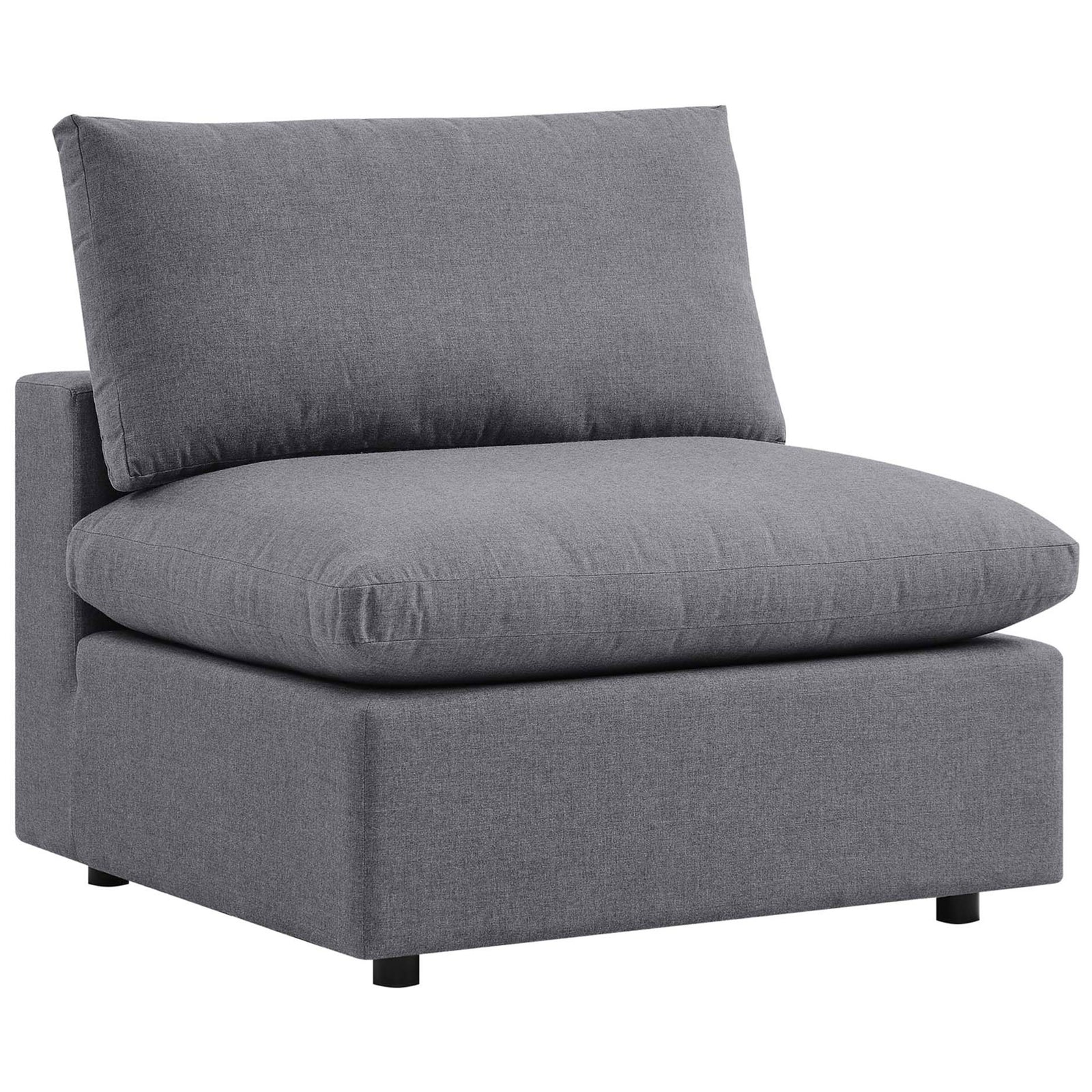 Gray Sunbrella armless chair module with a wide overstuffed seat and supportive back cushion || EEI-5579-SLA || front_angle_partial_studio