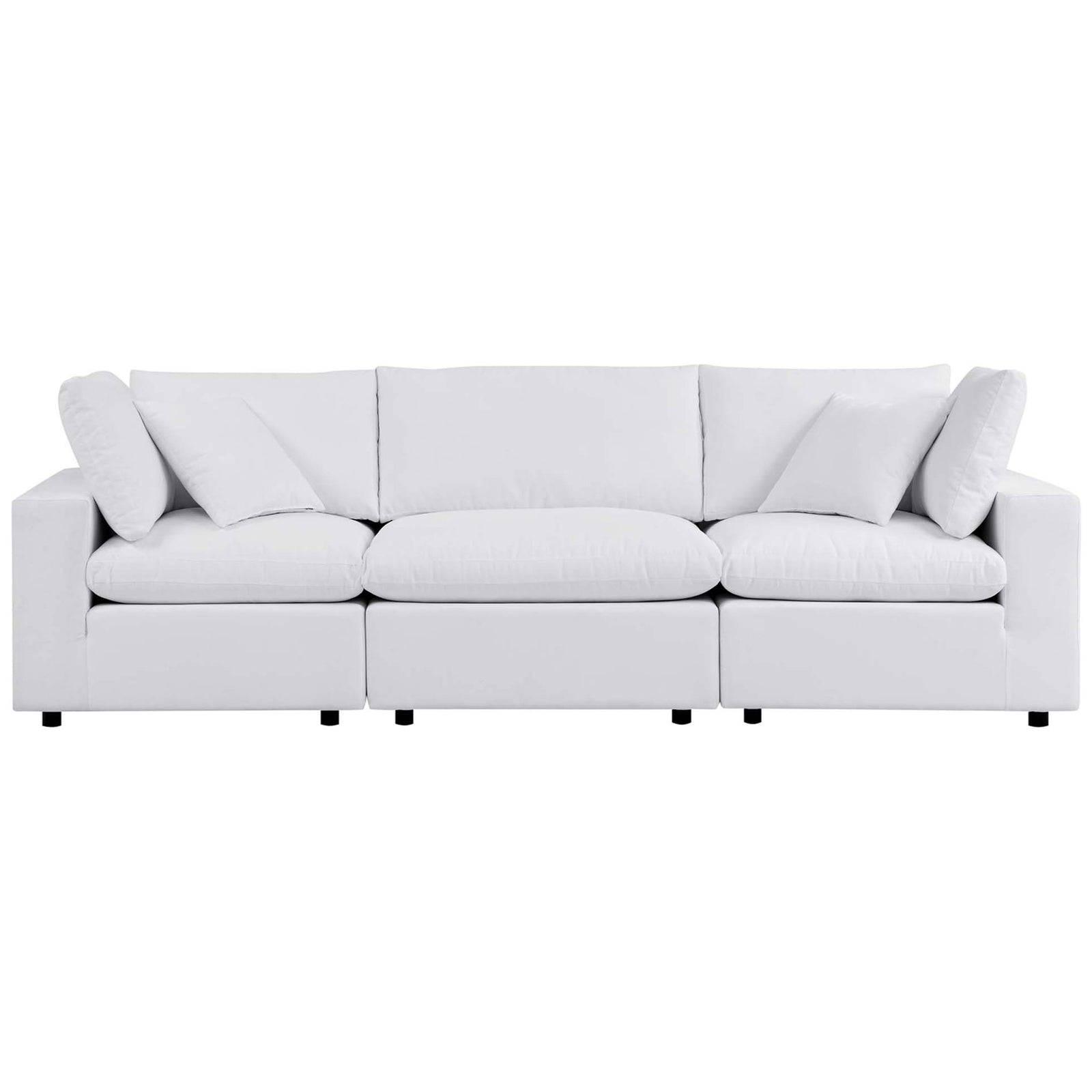 White Sunbrella outdoor modular sofa with three deep seat cushions, plush back pillows, and low feet || EEI-5579-WHI || front_studio