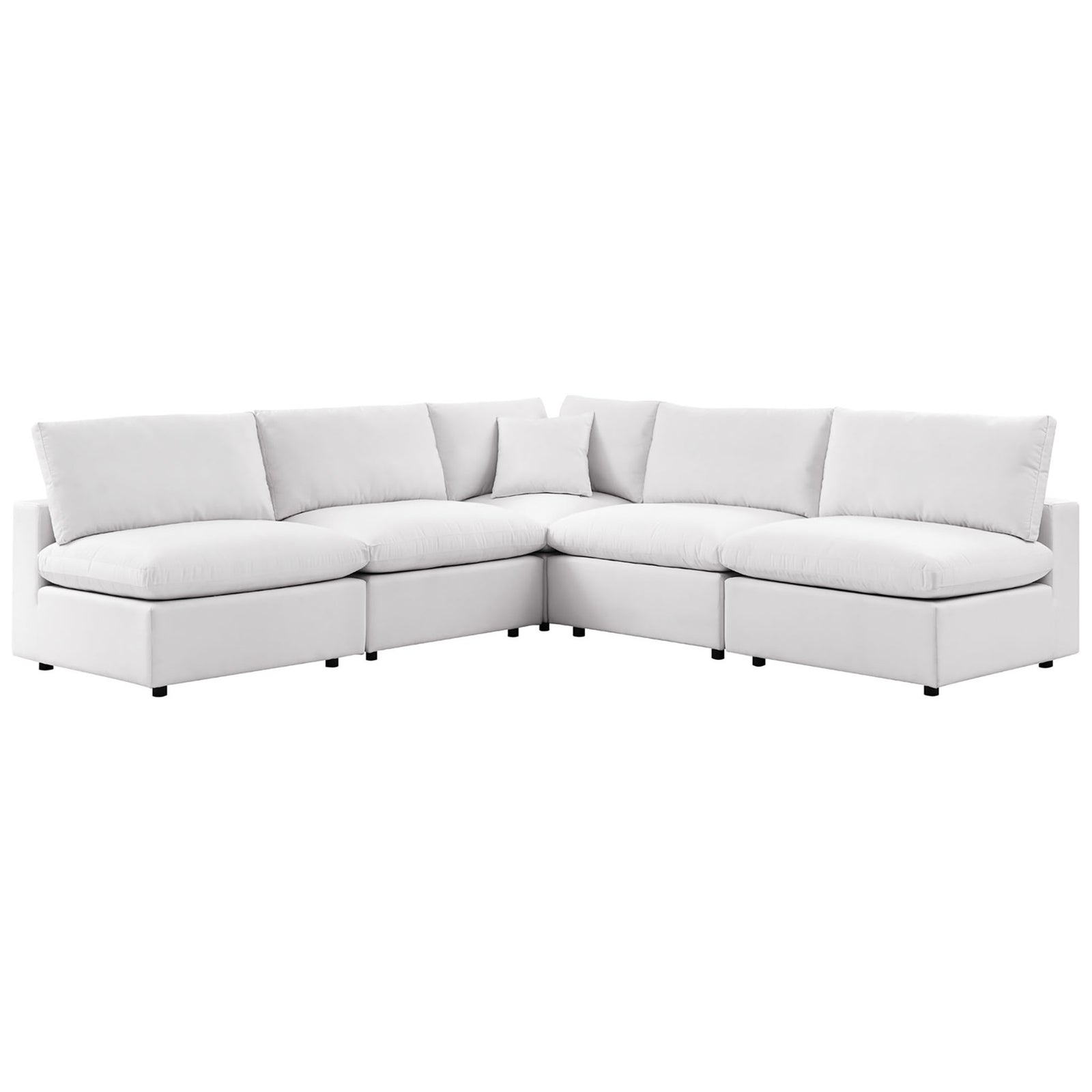 L-shaped white outdoor sectional with oversized cushions and a low, contemporary silhouette. || EEI-5587-WHI || front_angle_studio