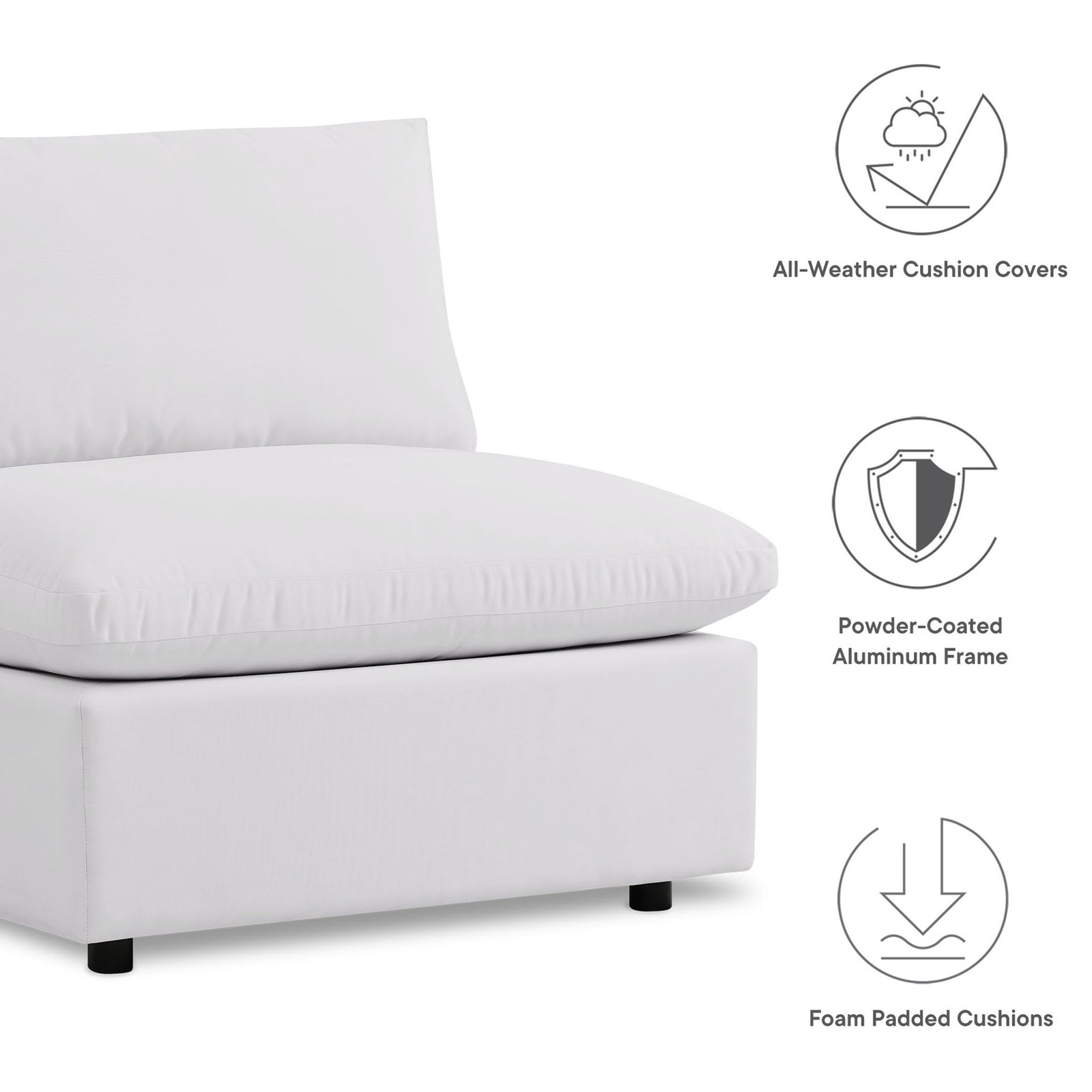 Commix white sectional with all-weather cushion covers, powder-coated frame, and foam-padded seats. || EEI-5587-WHI || callout_studio