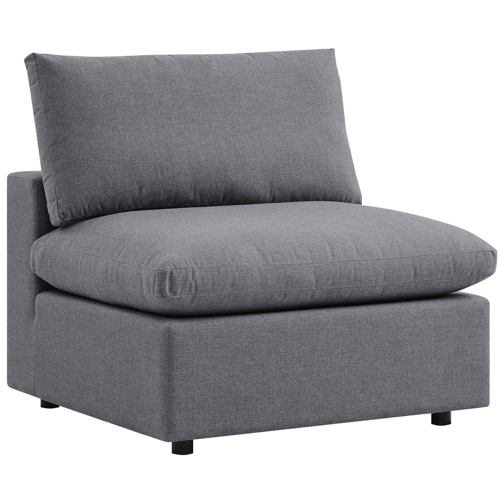 Overstuffed gray Sunbrella armless chair delivering sink-in comfort and clean, boxy lines. || EEI-5588-SLA || front_angle_partial_studio