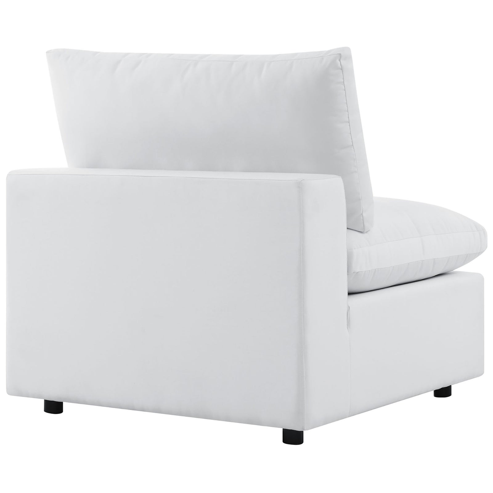 White Sunbrella armless chair with fully upholstered back and low black feet for a polished look. || EEI-5588-WHI || back_angle_partial_studio