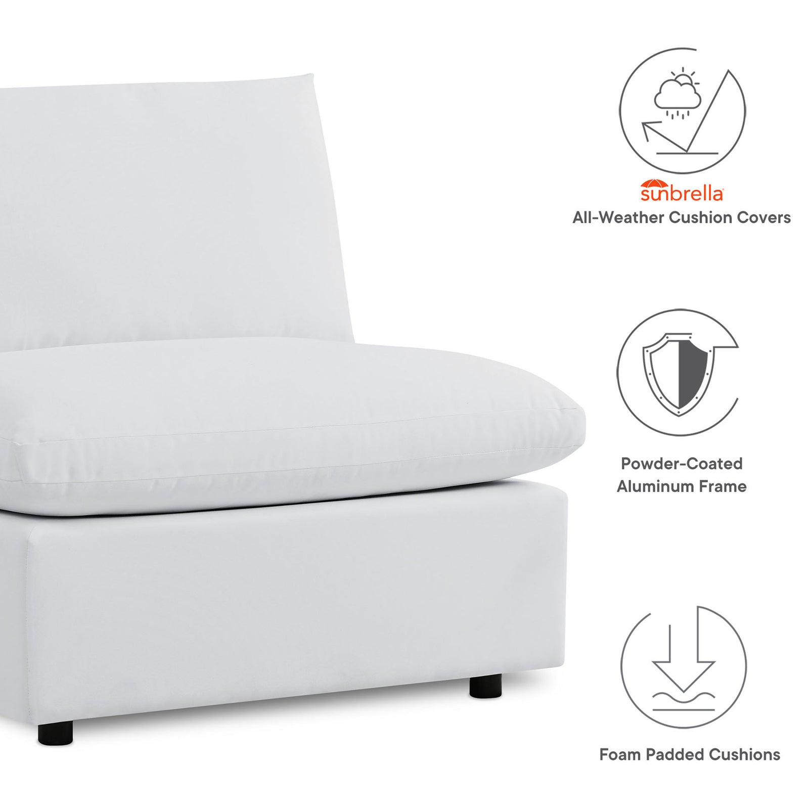 Commix white Sunbrella sectional with all-weather cushion covers, powder-coated frame, and foam padding. || EEI-5588-WHI || callout_studio