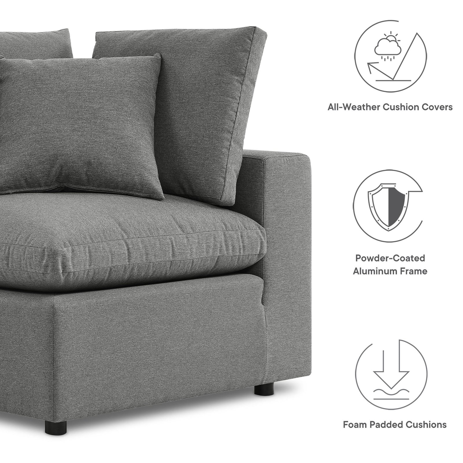 Charcoal Commix corner chair with icons highlighting all-weather cushion covers, powder-coated frame, and foam padding. || EEI-5589-CHA || callout_studio