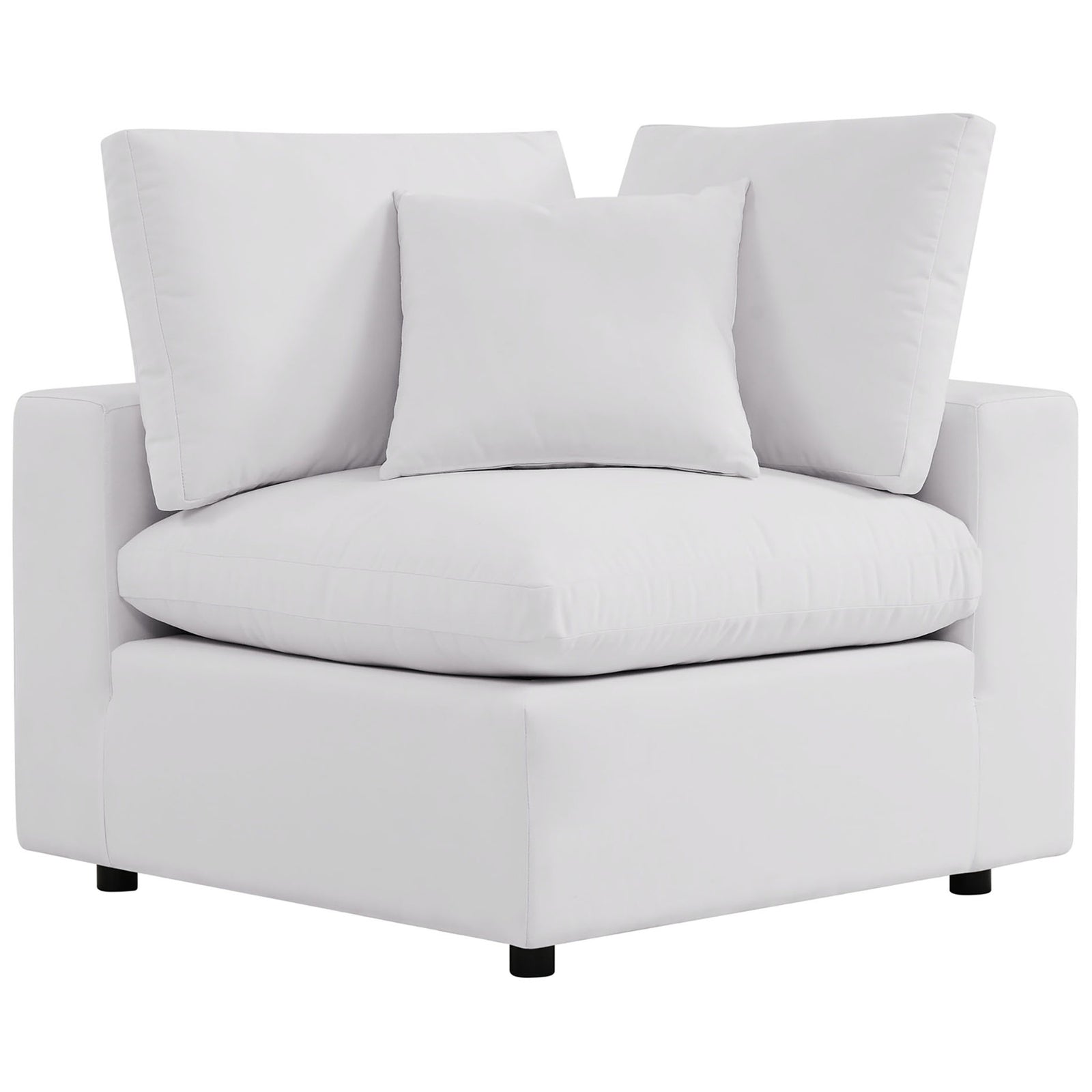 White Commix corner chair with plush wraparound cushions that create a cozy corner lounge spot. || EEI-5589-WHI || front_angle_partial_studio