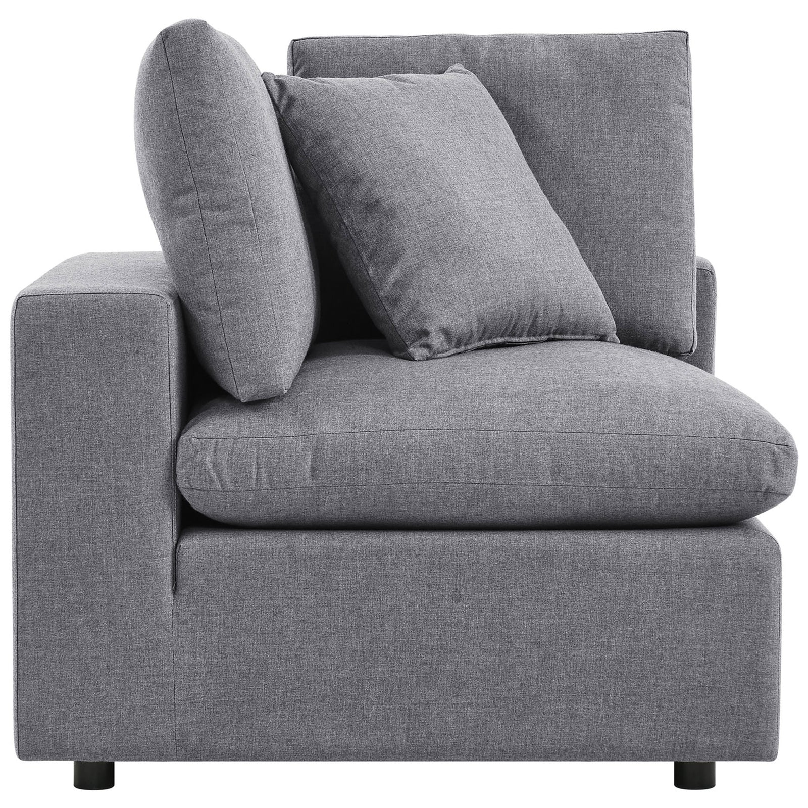 Gray Commix Sunbrella corner chair featuring a wide track arm and thick cushions for all-day relaxation. || EEI-5590-SLA || side_partial_studio