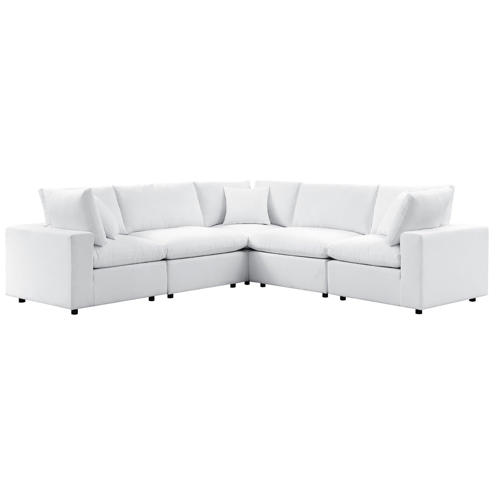 White Commix Sunbrella outdoor sectional with plush modular cushions and expansive L-shaped seating. || EEI-5590-WHI || front_angle_studio