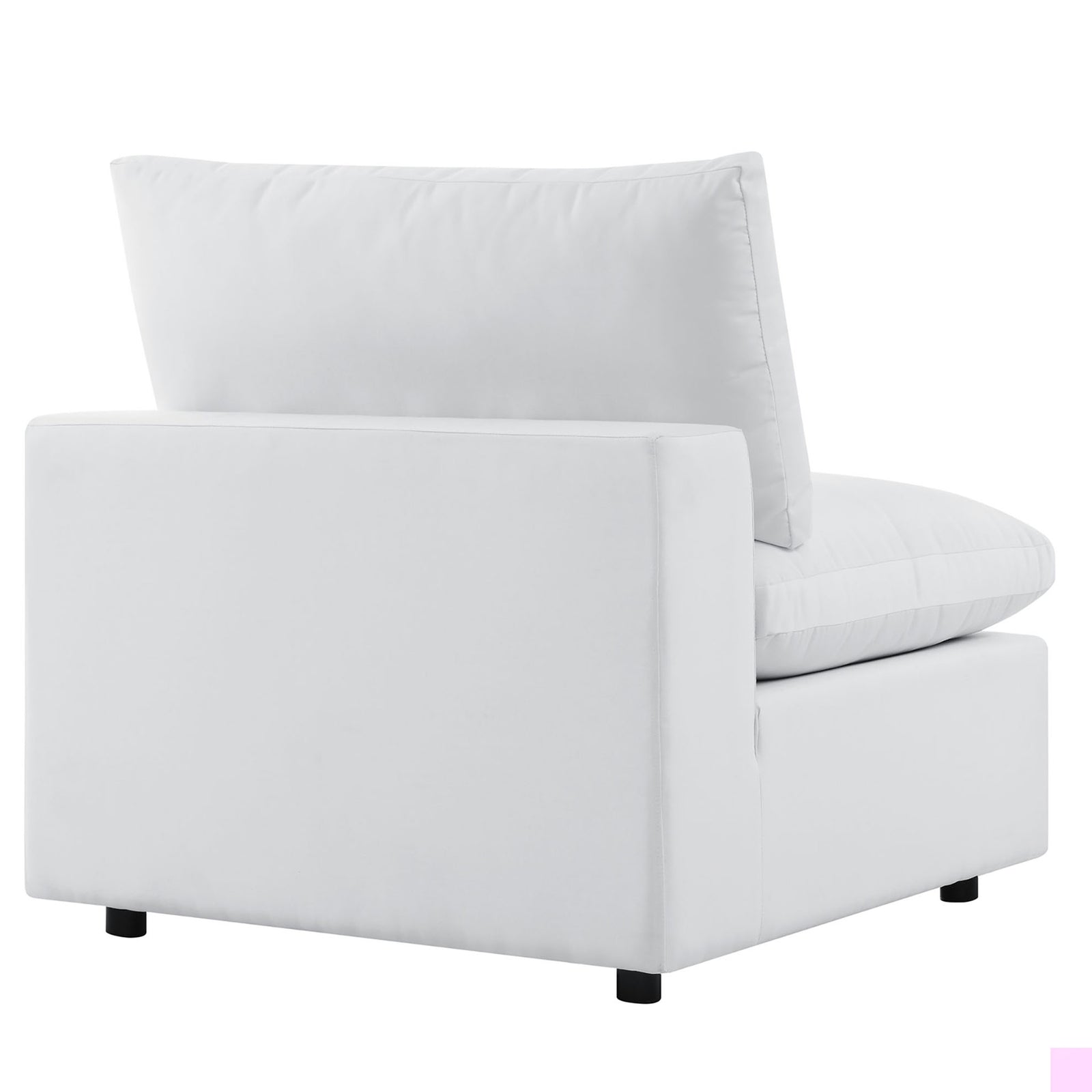 White Commix Sunbrella armless chair with streamlined back panel and crisp, modern tailoring. || EEI-5590-WHI || back_angle_partial_studio