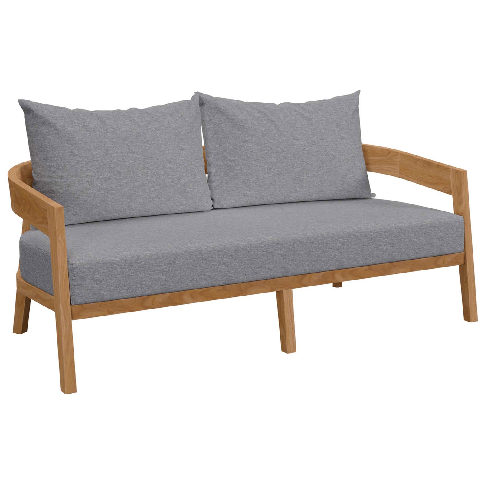 Curved teak frame and tailored gray cushions give this patio loveseat modern appeal || EEI-5601-NAT-GRY || front_angle_studio