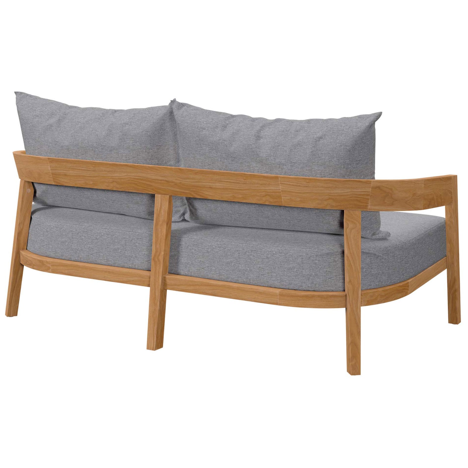 Slatted teak backrest and sturdy legs showcase the durable build of this gray loveseat || EEI-5601-NAT-GRY || back_angle_studio