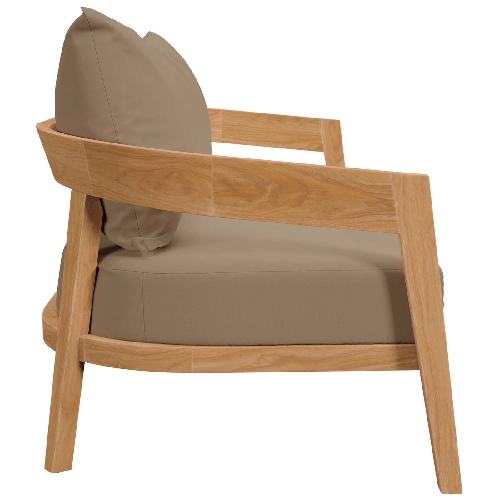 Angled teak armrests and thick light brown cushions emphasize lounge-worthy support || EEI-5601-NAT-LBR || side_studio