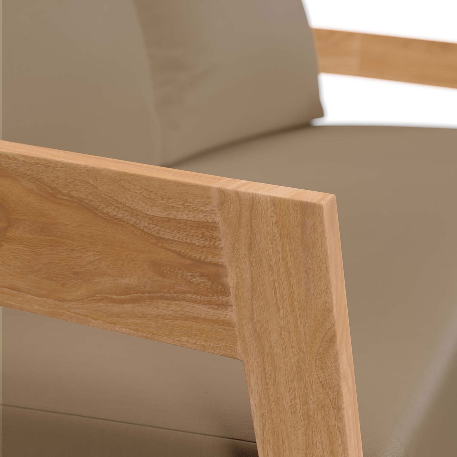 Refined teak wood grain contrasts with the soft light brown upholstery on the loveseat arm || EEI-5601-NAT-LBR || detail_studio