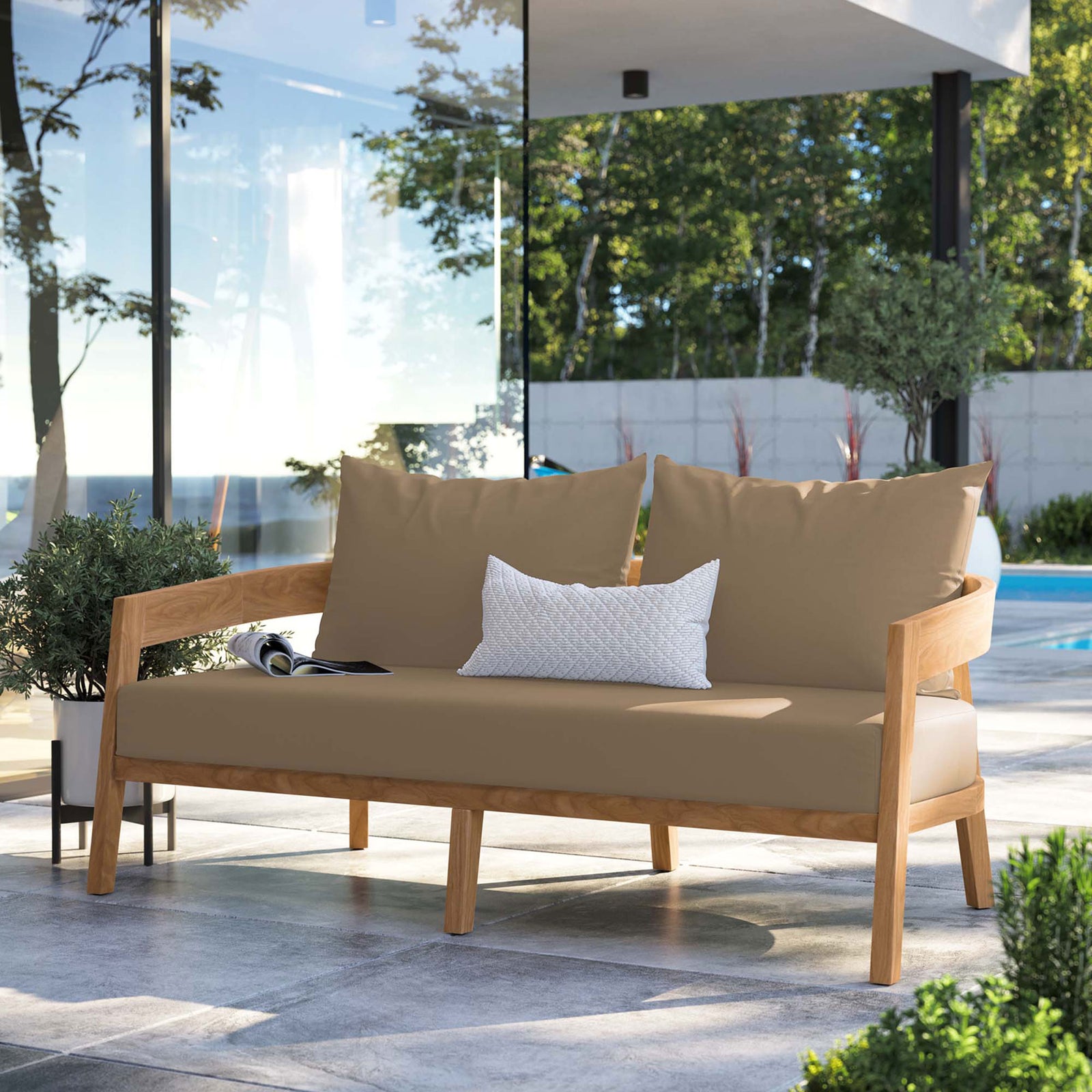Light brown cushioned teak loveseat anchors a chic outdoor living space by the pool || EEI-5601-NAT-LBR || front_angle_room