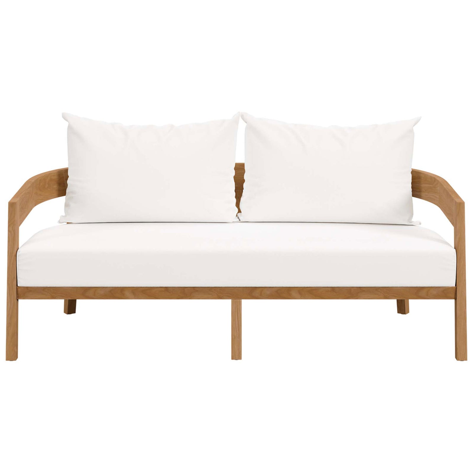 Brisbane teak outdoor loveseat with crisp white cushions for a fresh, coastal-inspired patio || EEI-5601-NAT-WHI || front_studio