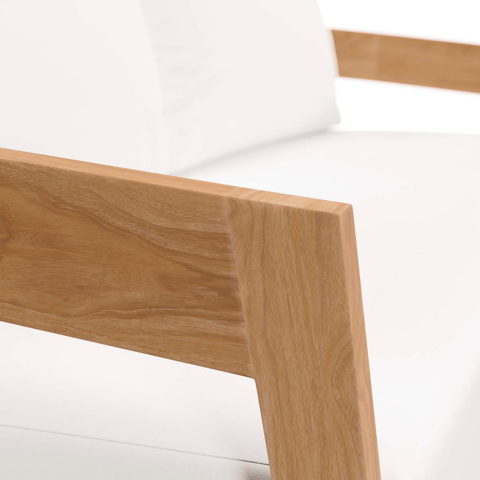 Rich teak wood grain pairs with smooth white upholstery along the arm of the Brisbane loveseat || EEI-5601-NAT-WHI || detail_studio