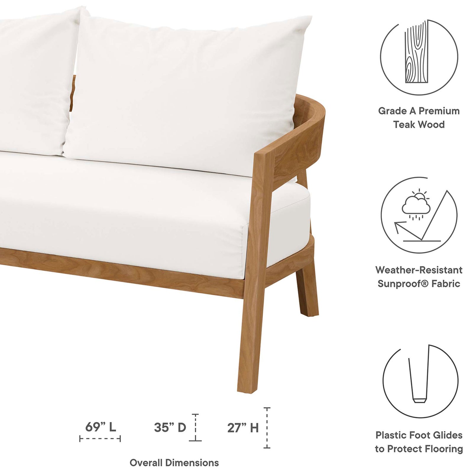 Loveseat measurements, Sunproof cushions, and protective foot glides are presented for easy reference || EEI-5601-NAT-WHI || dimension_studio