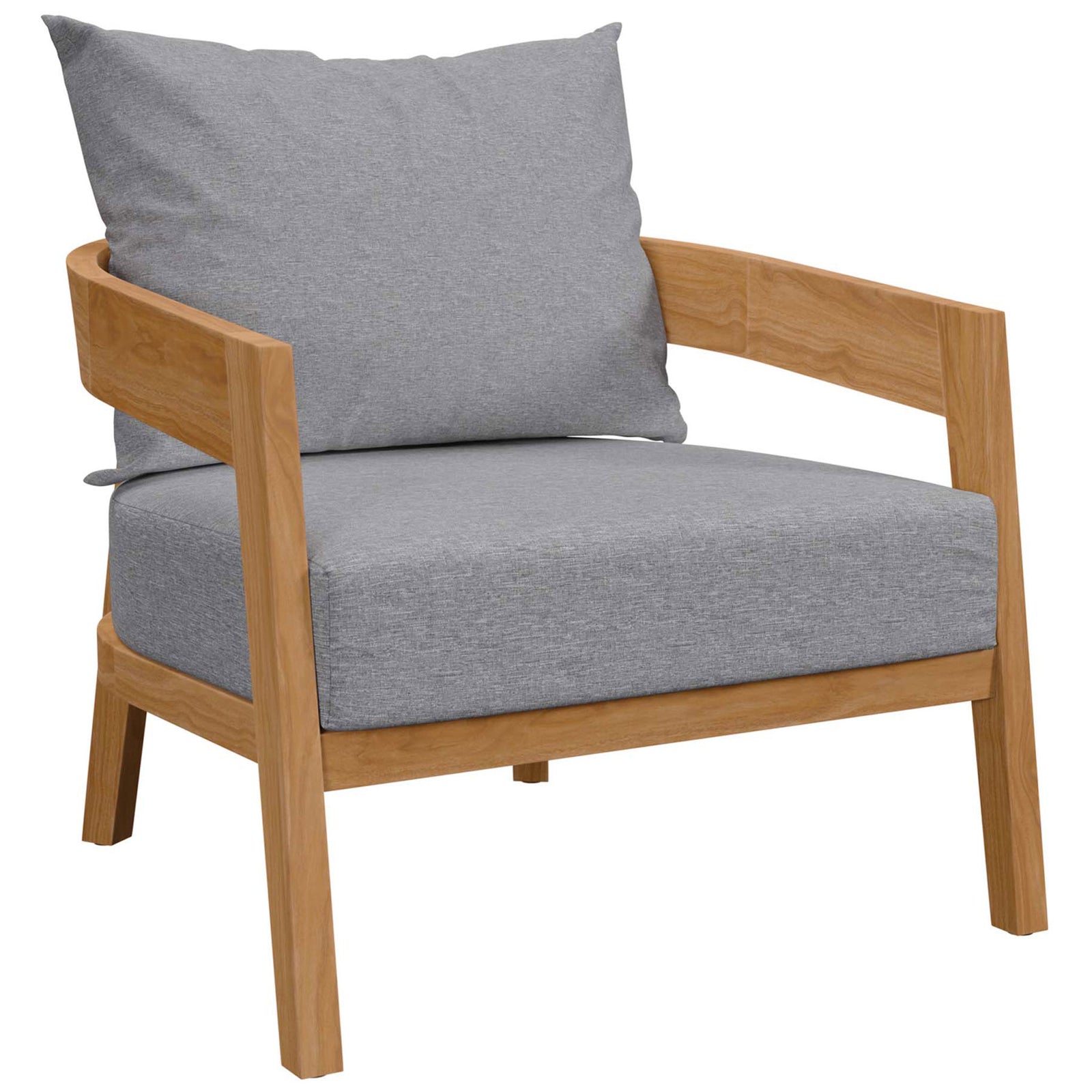 Natural teak outdoor armchair with plush gray cushions and gently curved arms for relaxed lounging || EEI-5602-NAT-GRY || front_angle_studio