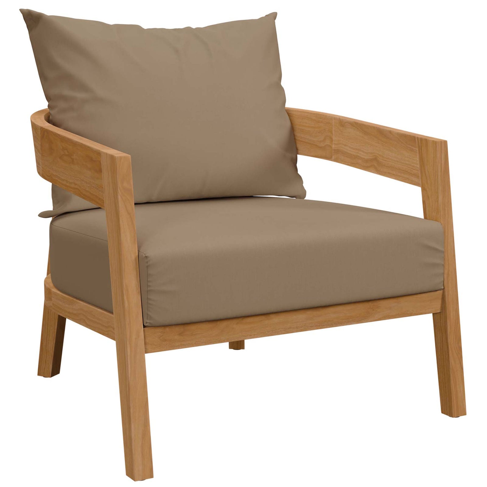 Natural teak outdoor armchair with smooth frame and light brown cushions for warm inviting seating || EEI-5602-NAT-LBR || front_angle_studio