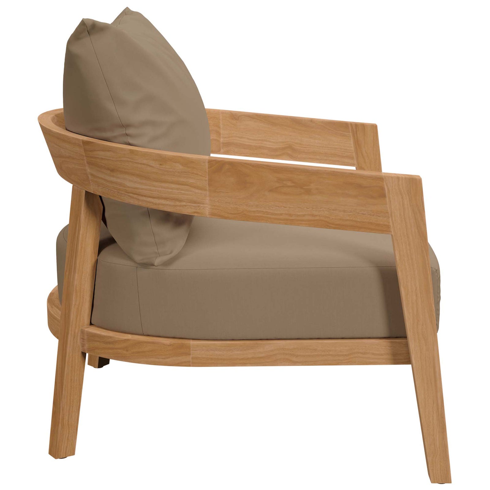 Brisbane teak patio armchair with sculpted side rails and generously padded light brown seat || EEI-5602-NAT-LBR || side_studio