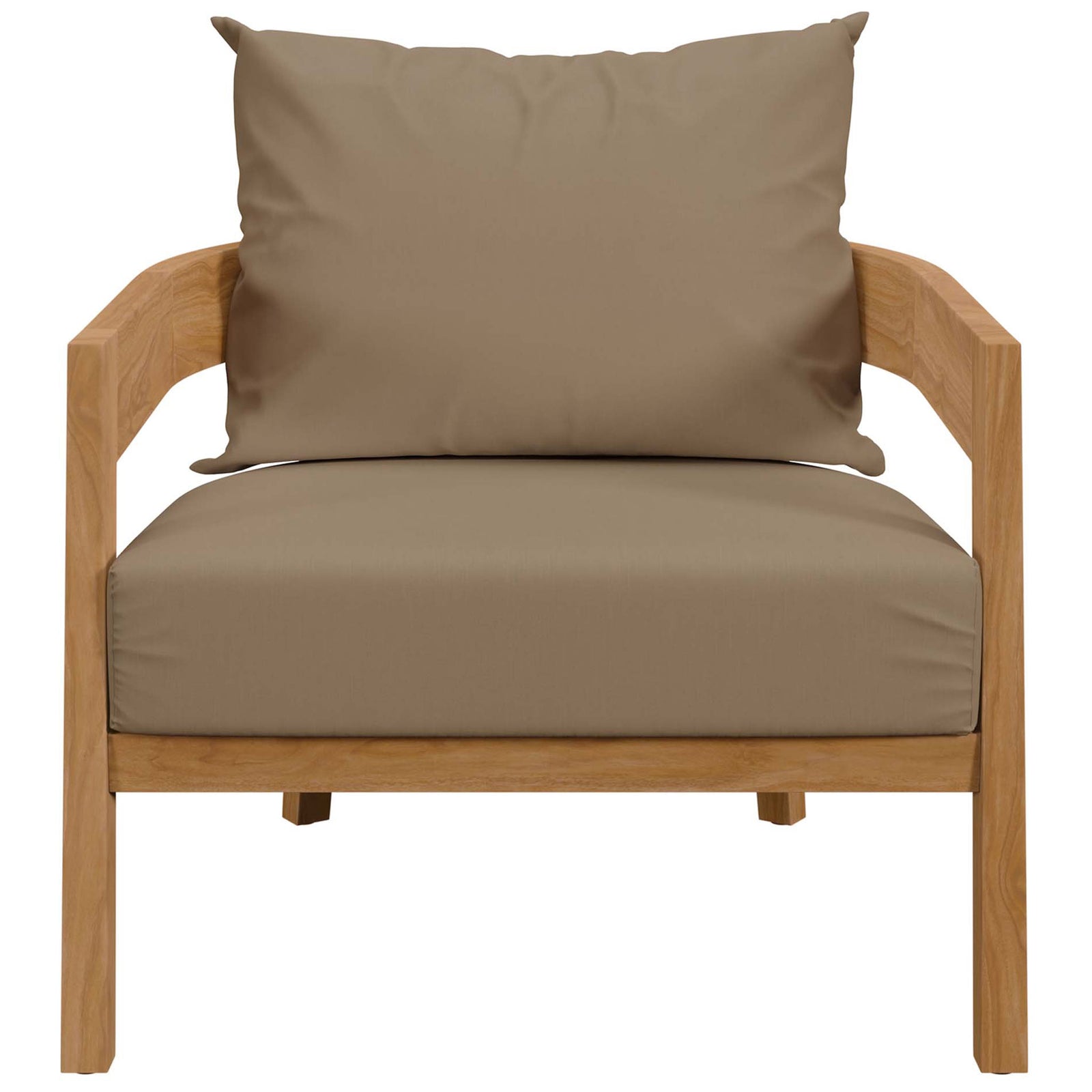 Teak patio armchair with boxy light brown cushions and open arms for relaxed outdoor lounging || EEI-5602-NAT-LBR || front_studio