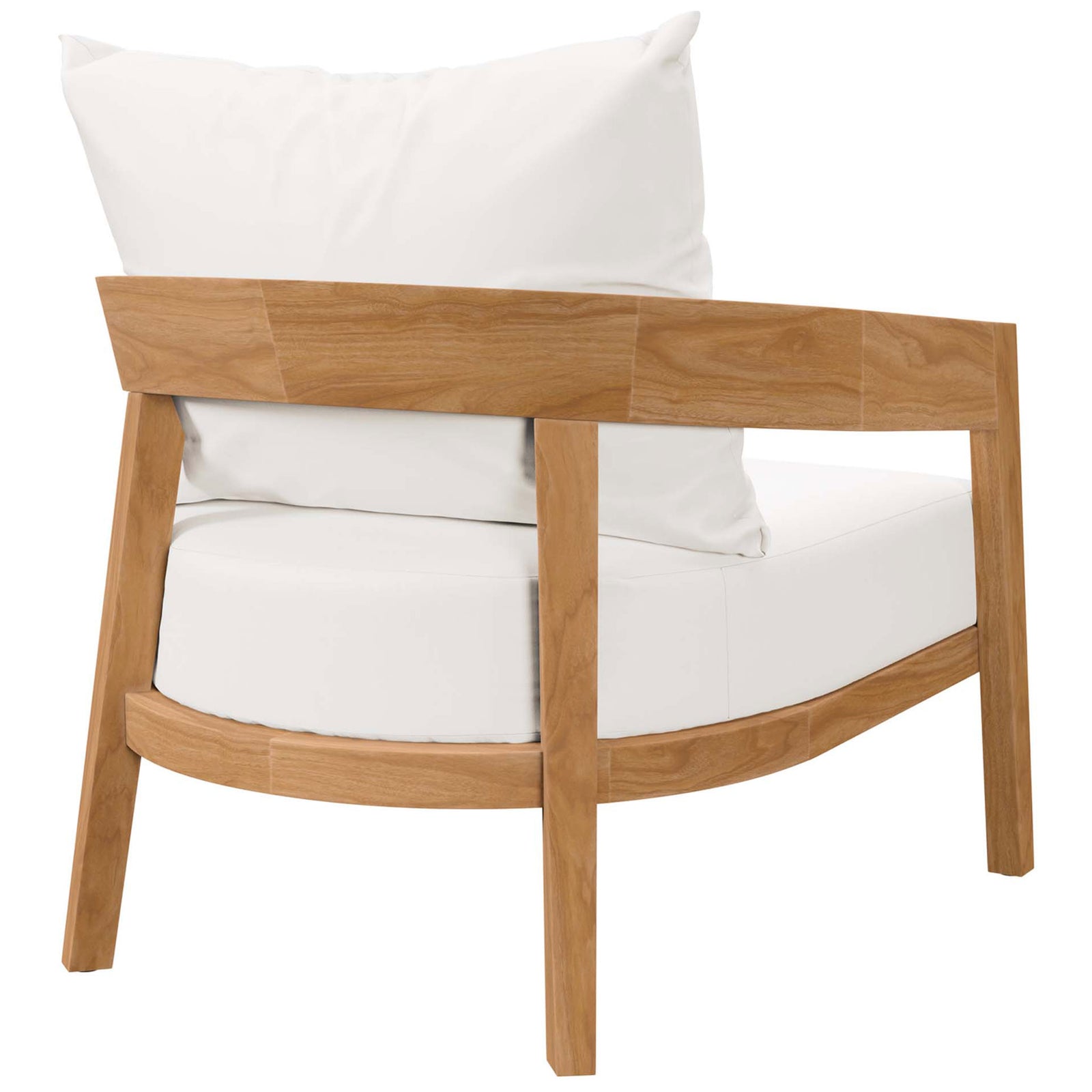 White cushioned teak armchair with gently arched back rail and splayed legs for a contemporary silhouette || EEI-5602-NAT-WHI || back_angle_studio