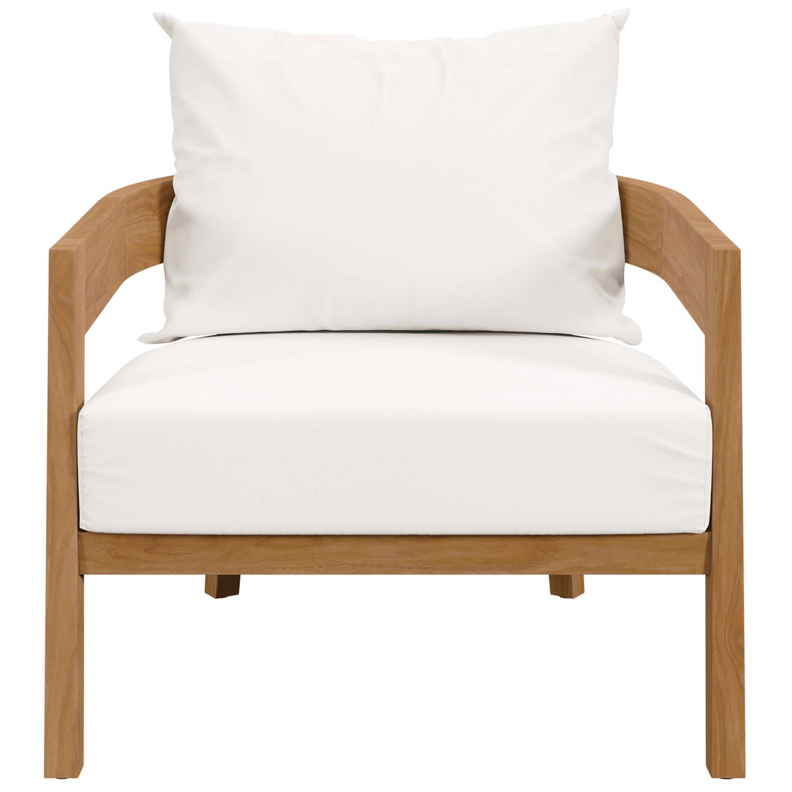 Teak patio armchair with bright white cushions and wide open arms offering spacious outdoor seating || EEI-5602-NAT-WHI || front_studio