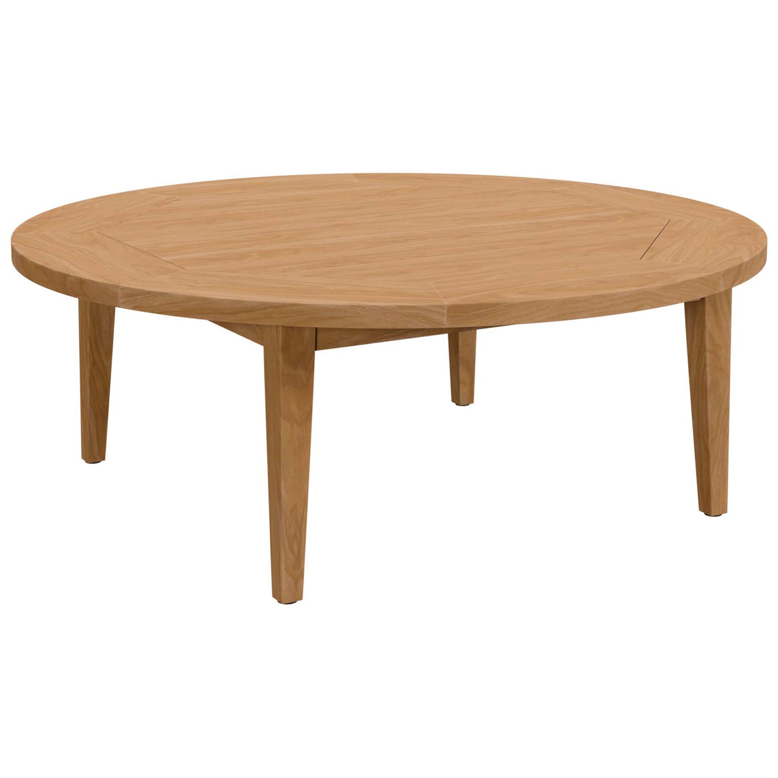Round teak outdoor coffee table with smooth beveled edge and slim tapered legs || EEI-5603-NAT || front_angle_studio