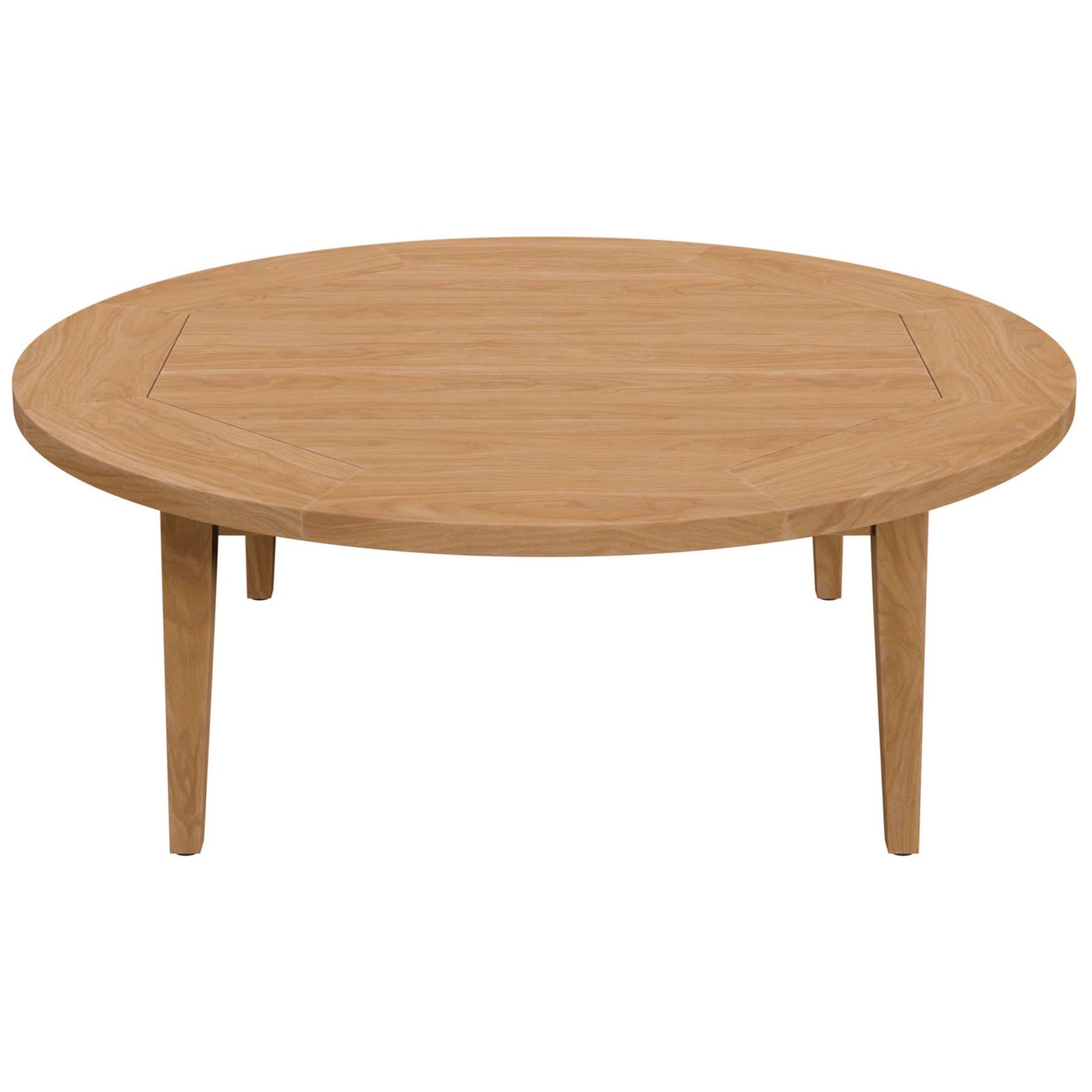 Low-profile round teak coffee table offering generous surface for outdoor lounging || EEI-5603-NAT || front_studio