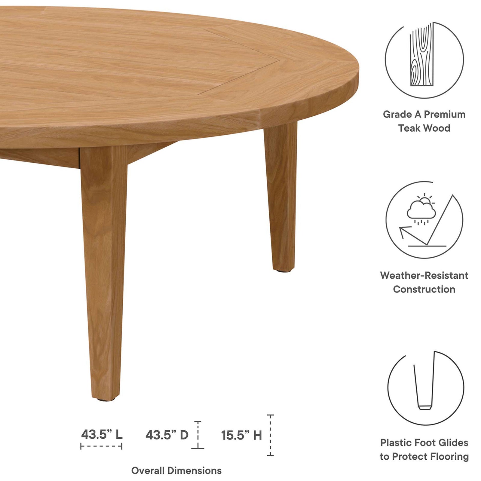 Teak outdoor coffee table with icons showing premium wood, weather resistance, and dimensions || EEI-5603-NAT || dimension_studio